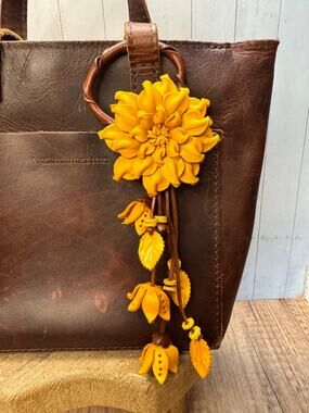 Leather Yellow Flower Purse Charm Genuine Leather Daisy Bag Charm NEW FAST SHIP